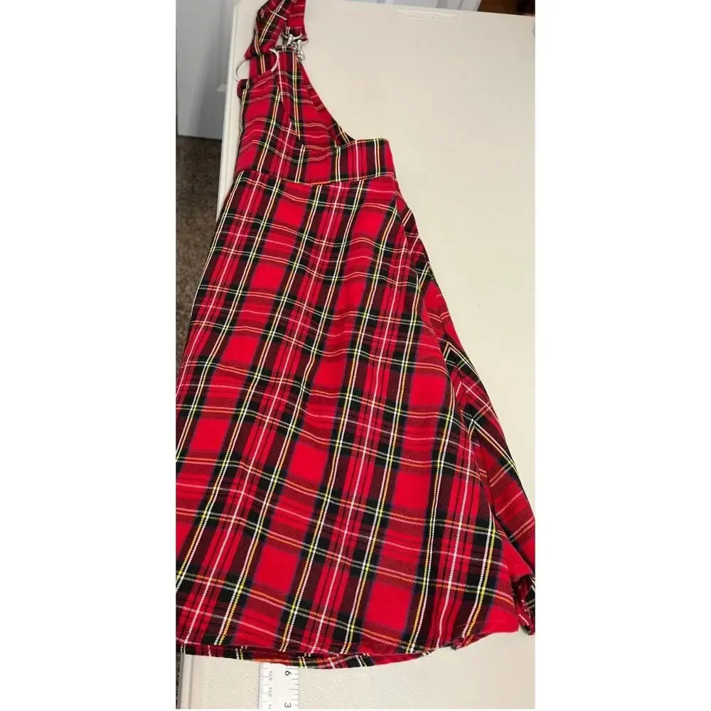Hot Topic Plaid O-Ring Skirtall Overall Dress Womens Small Pockets Red Black - Picture 8 of 13